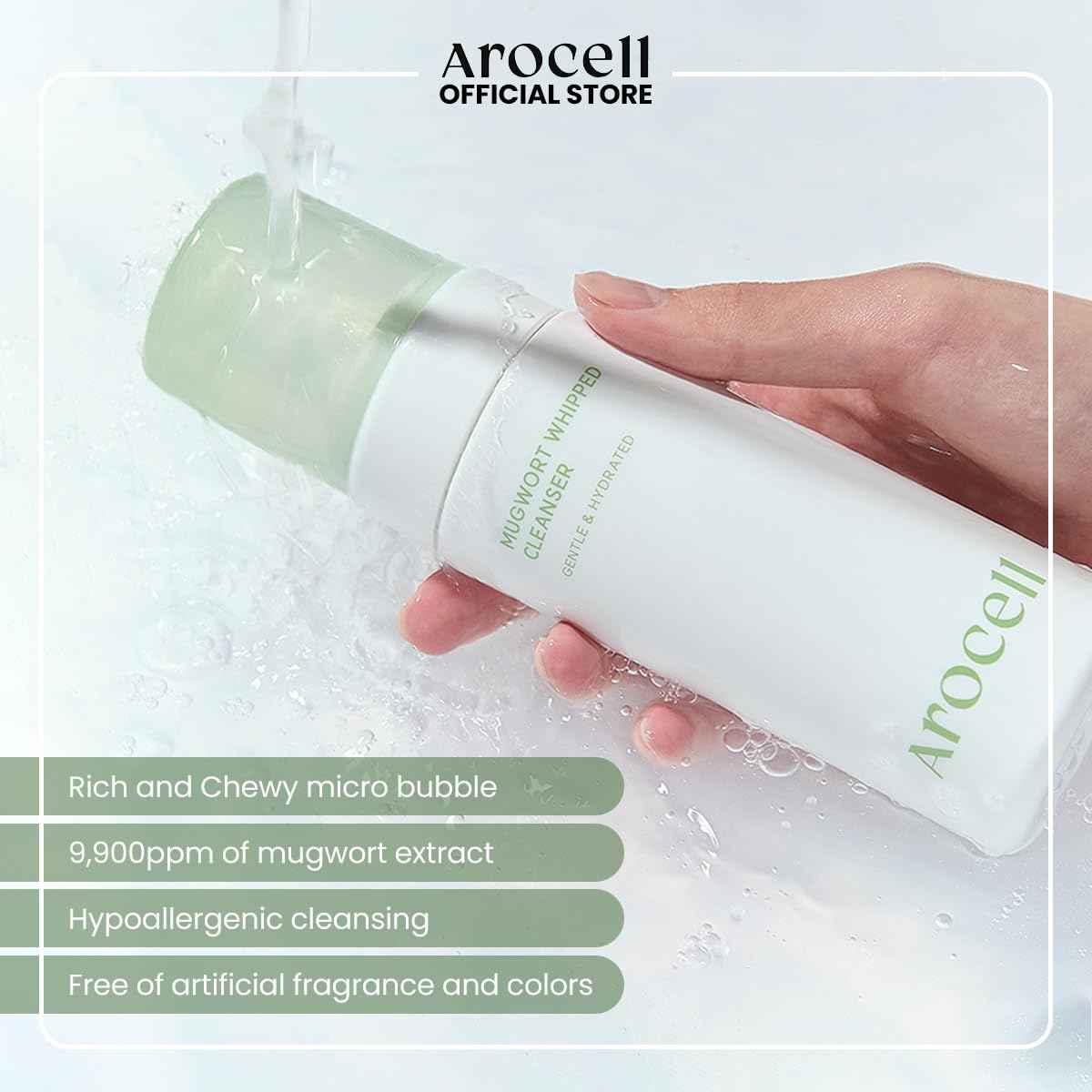 AROCELL Mugwort Whipped Micro Bubble Foaming Cleanser 150ml/5.07 Fl Oz – Korean Gentle Face Wash, Hydrating Makeup Remover, Moisturizing Mild Cleanser with Hyaluronic Acid for Sensitive Skin