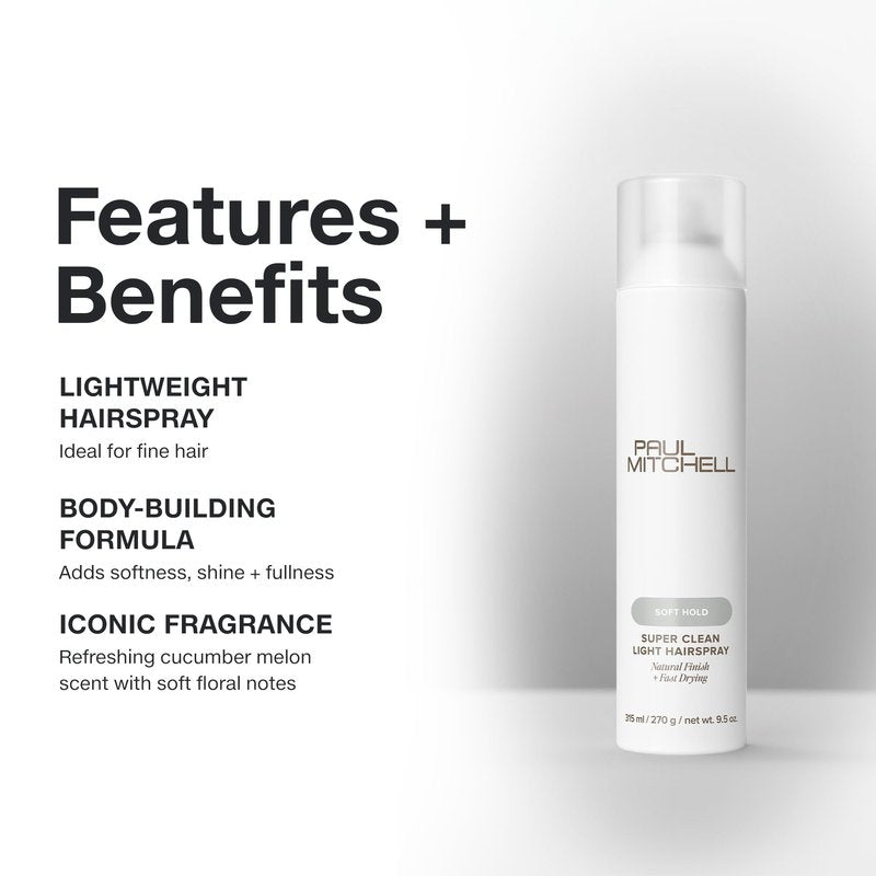 Paul Mitchell Super Clean Light Hairspray, Fast Drying, Soft Hold + Natural Finish, For Fine Hair, 9.5 oz