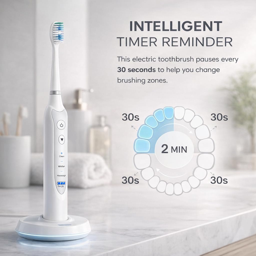 NetGen Sonic Electric Toothbrush for Adults, Rechargeable Power Toothbrush with 5 Replacement Heads, Travel Case, 3 Modes, 2 Minute Timer, IPX7 Waterproof Cordless Electric Toothbrush | White
