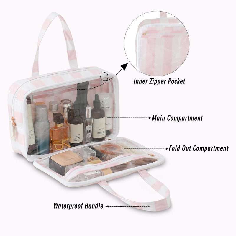 Travel Toiletry Bag for Women, Waterproof Clear Coated Portable Stripe Makeup Cosmetic Bag with Compartment, Travel Organizer for Shampoo, Conditioner, Brushes Set,Cosmetic Accessories(White-Pink)