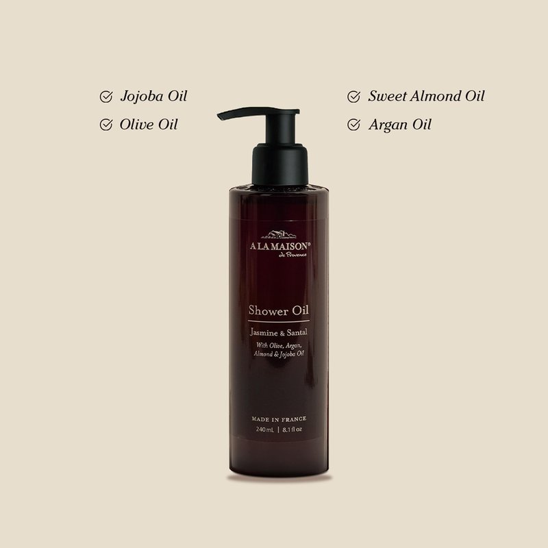 A LA MAISON Cleansing Shower Oil – Jasmine & Santal – Hydrating Body Wash Alternative with Olive, Argan & Jojoba Oils – Plant-Based, Biodegradable, Made in France – 8.1 fl oz – Amber Collection
