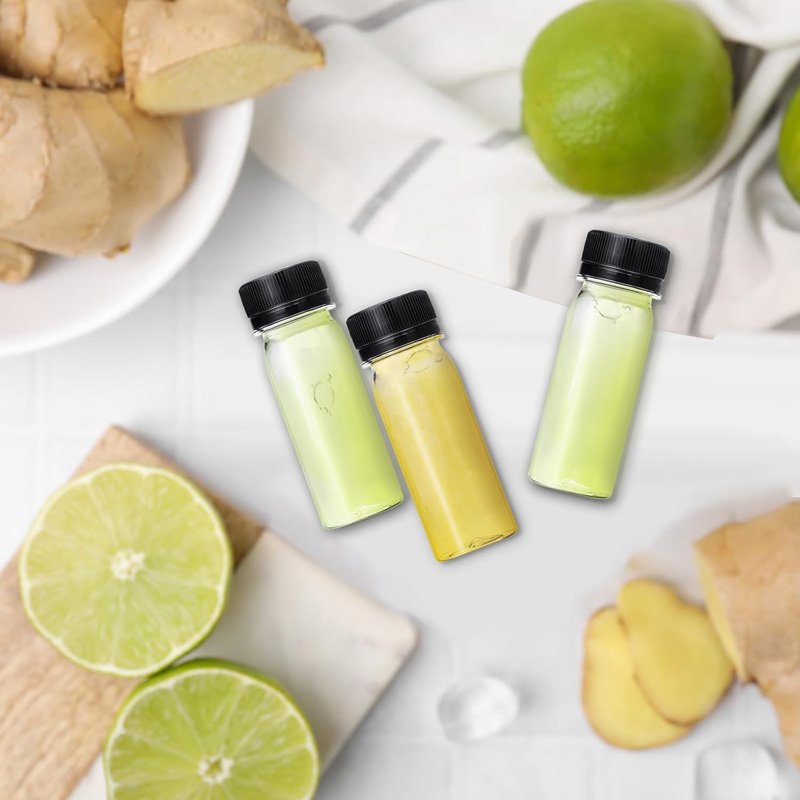 30 Pcs 2 Oz Small Plastic Bottles - Reusable Ginger Shot Containers for Juice, Liquor, DIY | Black Cap