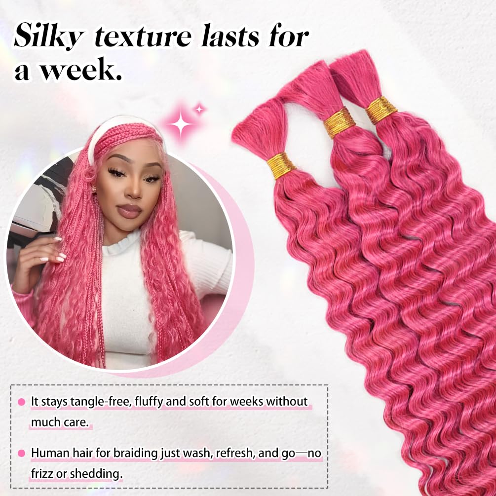 14 Inch Deep Wave Human Braiding Hair for Boho Braids – 50g 1 Bundles/Pack Pink 100% Unprocessed 12A Brazilian Virgin Human Hair Bulk, No Weft, Wet & Wavy Curly Extensions