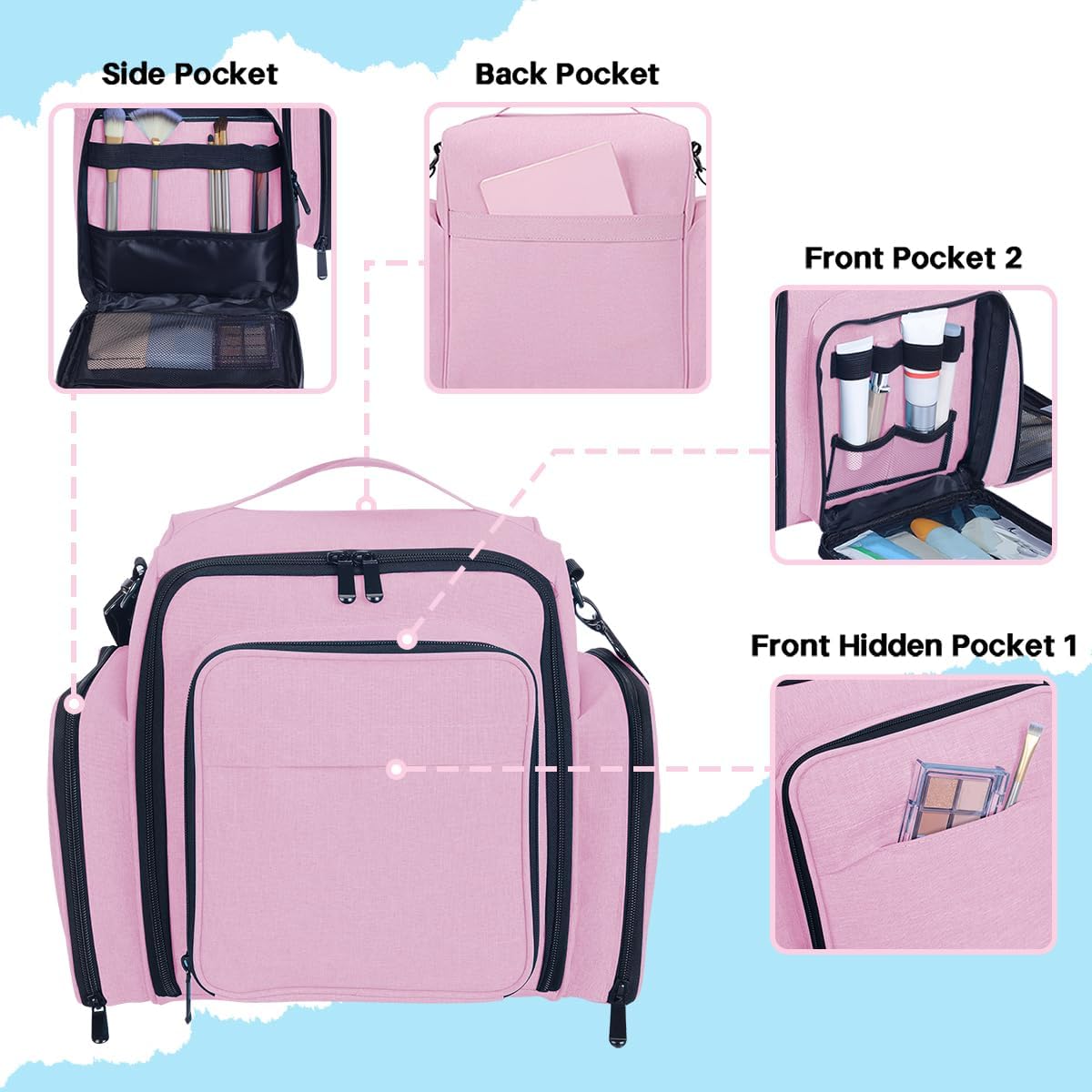Large Makeup Bag Organizer - Multifunctional Cosmetic Case with 3 Removable Pouches | Pink Travel Storage