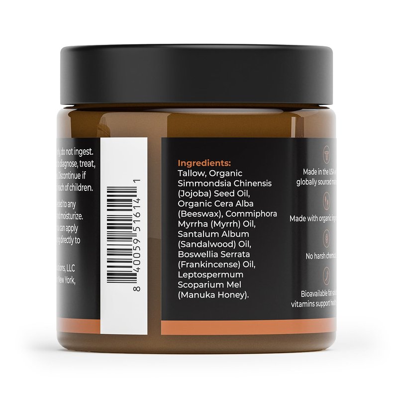 Healing Solutions - Whipped Tallow Balm, Frankincense, Myrrh & Sandalwood Scent, Grass Fed/Grass Finished Beef Tallow w/Organic Jojoba & Manuka Honey for Skin, Face & Body, All Natural Moisturizer