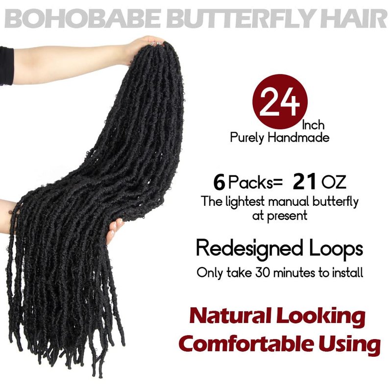 The BOHOBABE 24 Inch Light Weight Butterfly Locs Crochet Hair 6 Packs Long Black Distressed Butterfly Faux Locs Crochet Hair, 1B