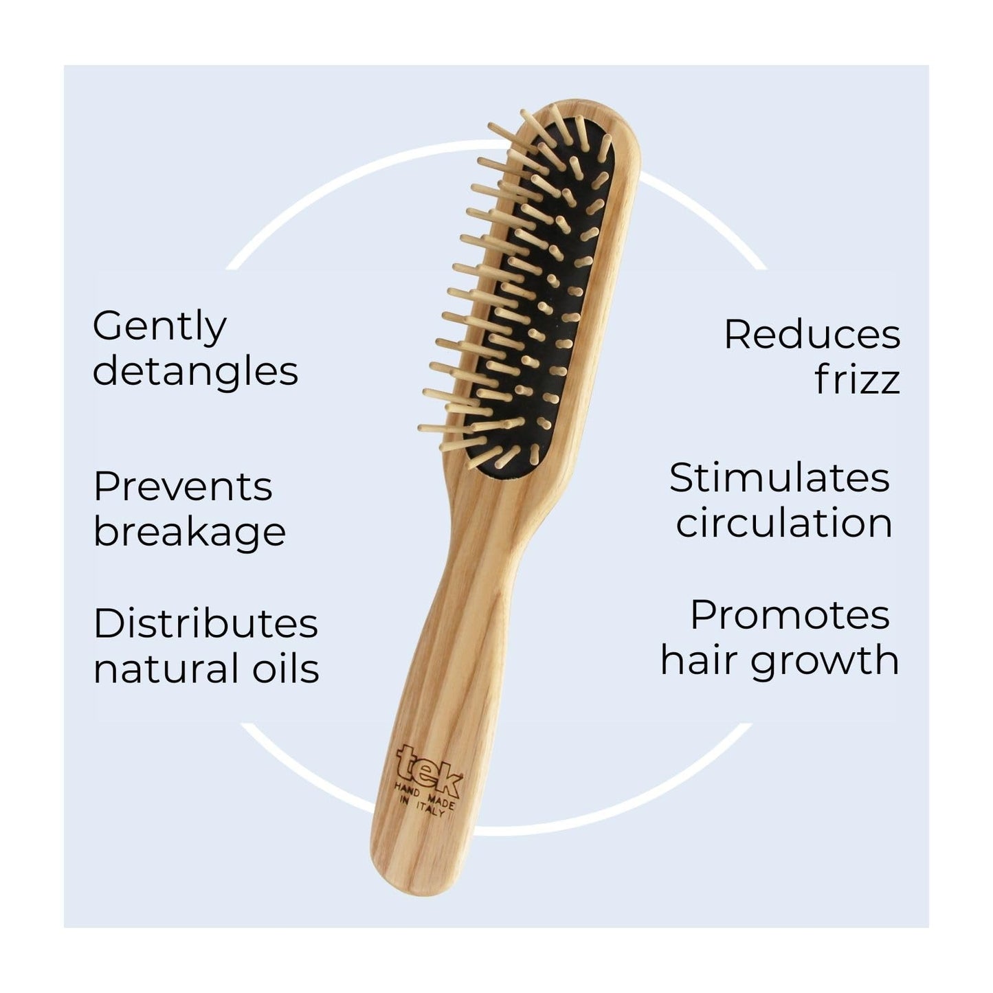 TEK | Rectangular Wooden Hair Brush with Short Rounded Teeth in Natural Ash Wood, Ideal for Detangling, Styling and Daily Care of Short Hair | 22x4cm | Handmade in Italy