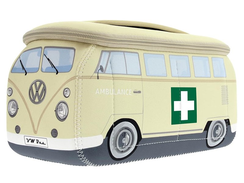 BRISA VW Collection - Volkswagen Neoprene Universal Makeup Cosmetics Toiletry Travel Pharmacy Bag in T1 Bus Design (Ambulance/Beige) (Small (9.1 x 4.3 x 3.1 inches))
