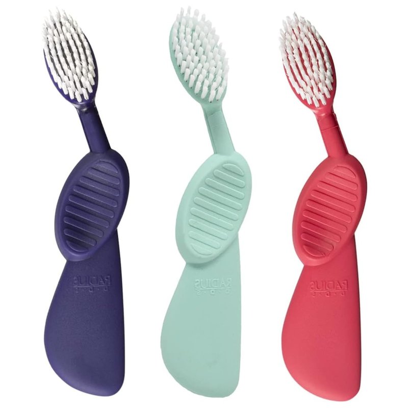 RADIUS Flex Brush with Soft Bristles Toothbrush BPA Free & ADA Accepted Designed to Improve Gum Health & Reduce Issues - Left Hand - Purple/Watermelon/Mint - Pack of 3