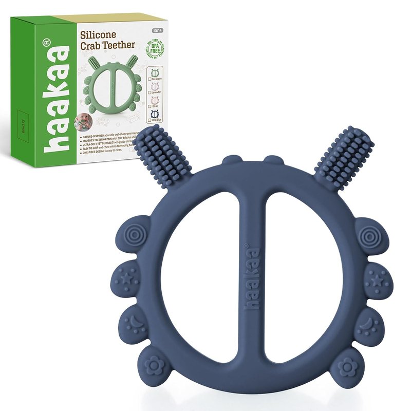 Haakaa Silicone Crab Baby Teether - 360° Self-Brushing Toothbrush for Infants | Food-Grade Silicone, Steel Blue