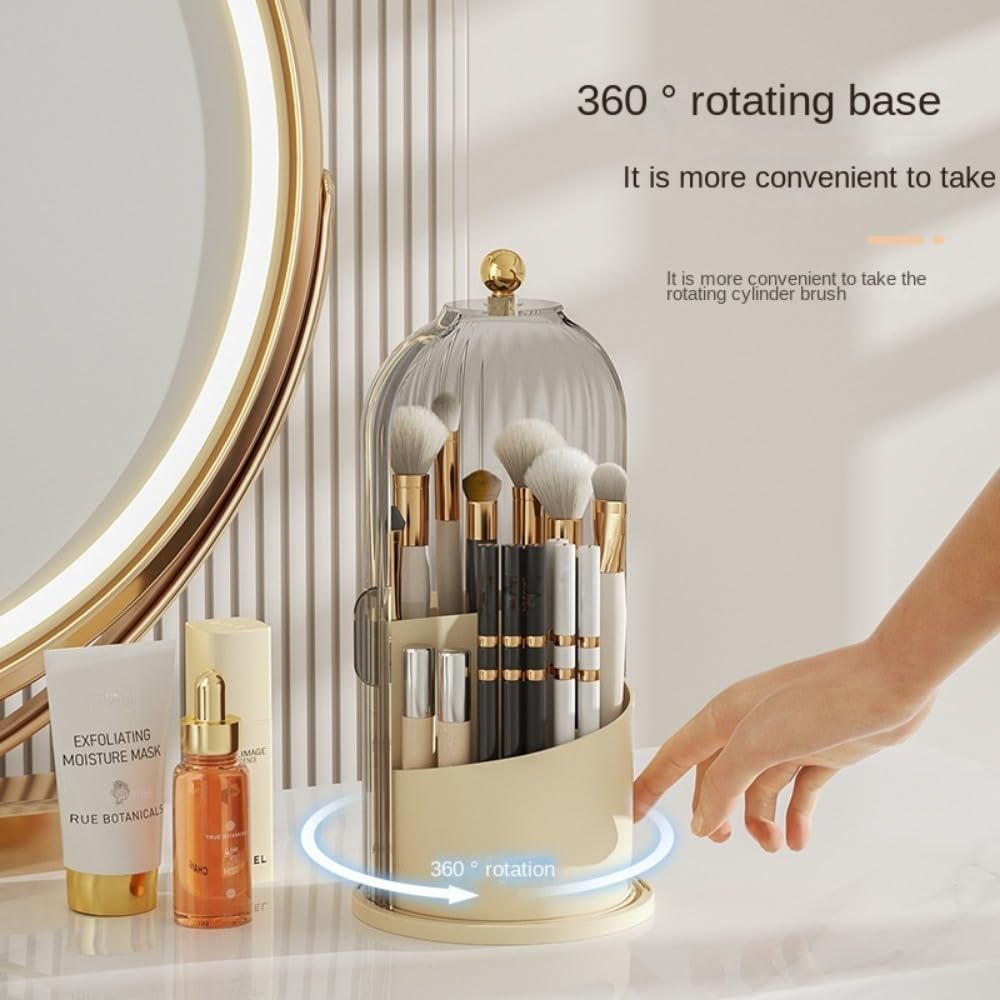 Rotating Makeup Brush Holder with Clear Lid – 360° Makeup Brush Organizer for All Brush Sizes, Durable Dustproof Storage Stand with Large Capacity, Easy to Clean, No Assembly (Milk yellow/transparent)