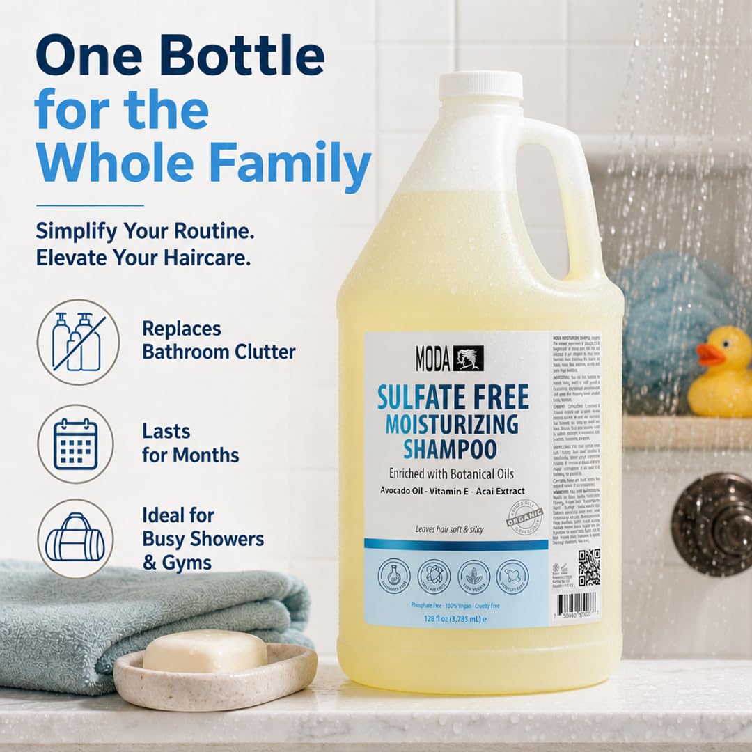 MODA Sulfate-Free Moisturizing Shampoo for All Hair Types - Professional - Deeply Cleanses and Conditions, Strengthens, Restores and Shines Hair - 1 GAL