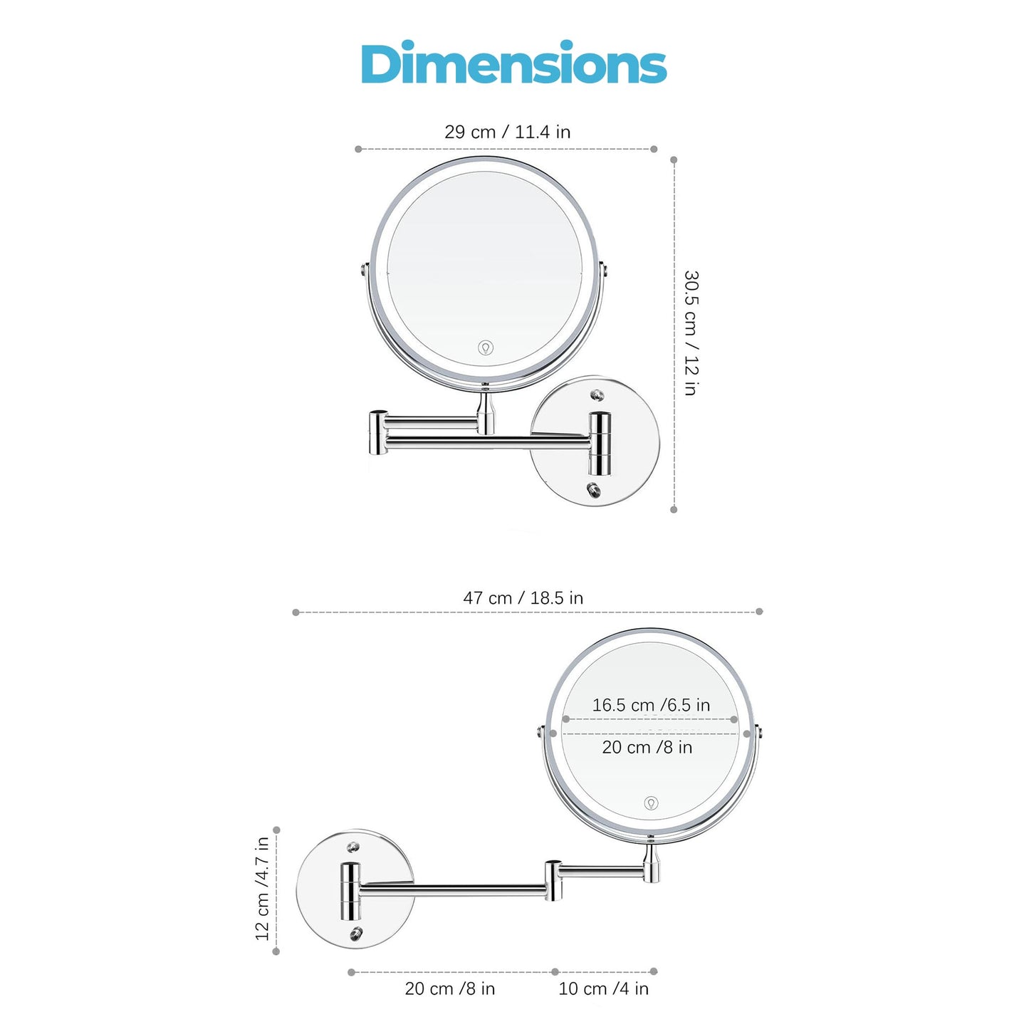 Fab Glass and Mirror 1X/10X Wall Mounted Makeup Mirror with Light, 8" Rechargeable 2000mAh Lighted Vanity, Double-Sided Magnifying Bathroom Touch Dimmable 3 Color LED 360 Rotation Foldable Arm Black