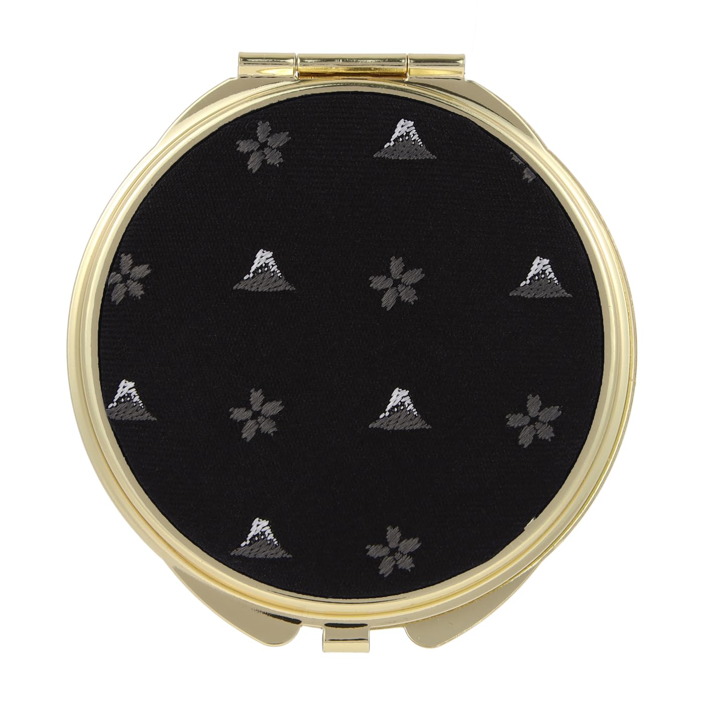 FORTUNA Tokyo Compact Mirror, Nishijin Textile Silk Hand Mirror, Double-Sided Mirror, Magnifier, Made in Japan, Round Size, Mt. Fuji and Cherry Blossom Pattern -18, Hokusai (Black/Gold)