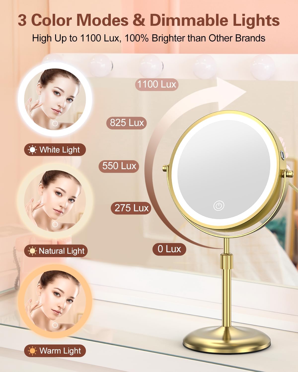 Lighted Makeup Mirror - 7-Inch with 3 Color Lights & 10X Magnification | Adjustable Brightness & Height, 360° Swivel, Gold