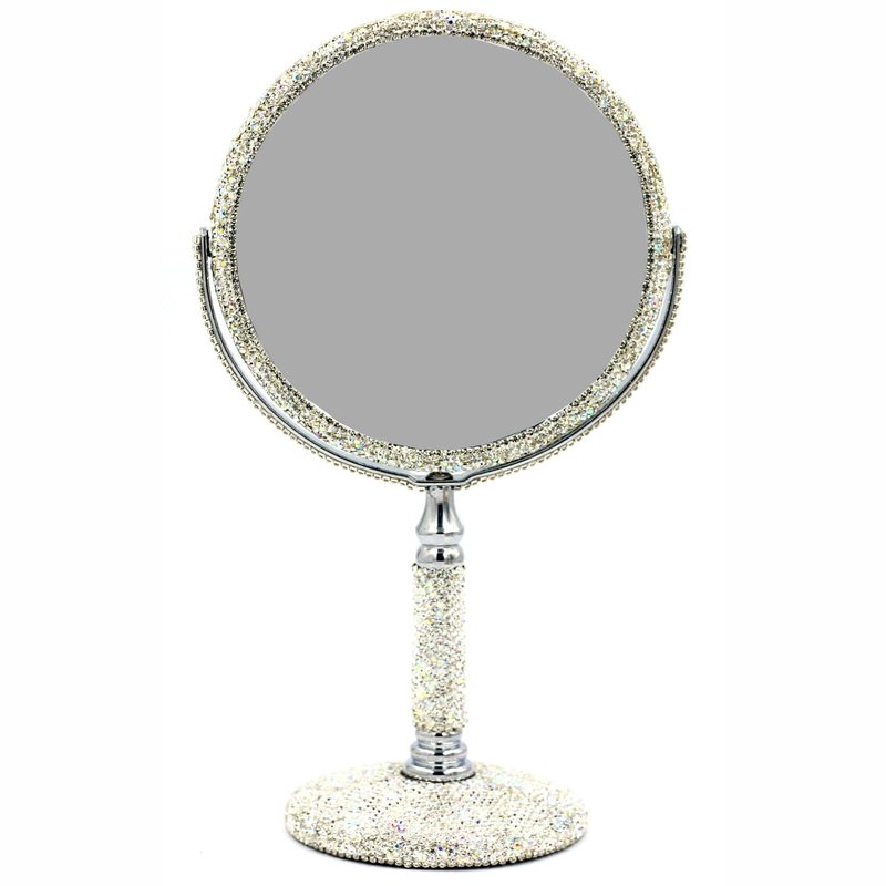 Bestbling Bling Rhinestone Double-Sided Tabletop Makeup Mirror, Round Metal Makeup Mirror with 1:2 Magnifying Mirror, Rotating Mirror (Silver)