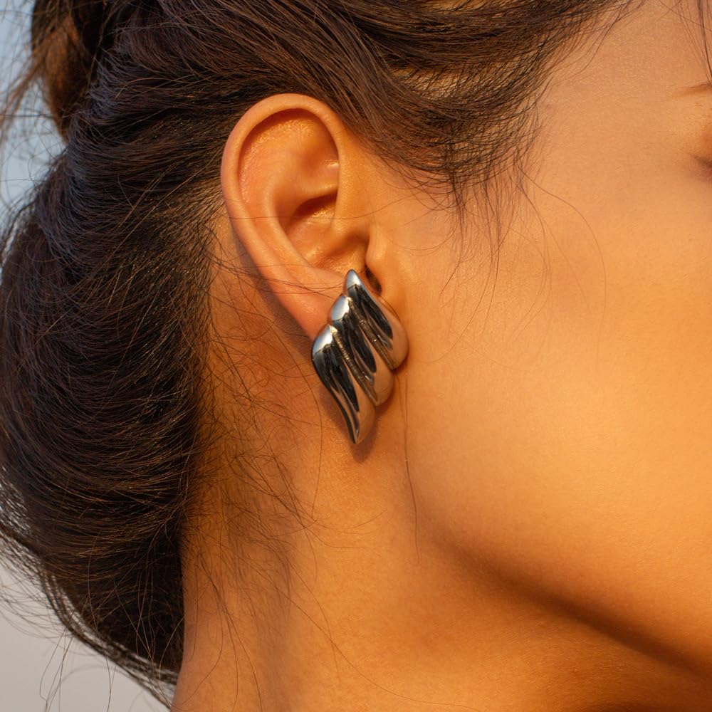 JeanBeau Chunky Silver Large Feather Stud Earrings for Women, Trendy Statement Wing Textured Lightweight Hypoallergenic Earing Prom Fashion Jewelry Gift