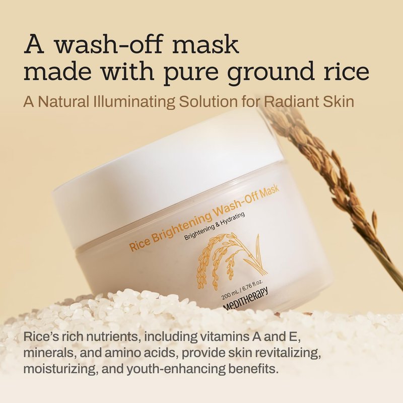 MEDITHERAPY Rice Wash-Off Mask - Korean Glass Skin Face Mask Skincare - Hydrating Rice Clay Mask - Natural Exfoliants Gently Improve Skin Texture, Even Skin Tone, and Restore Radiant Glow, 6.76 fl.