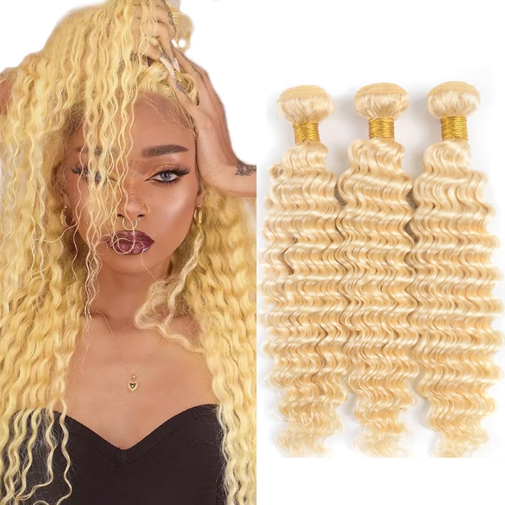 FuivJuix 613 Blonde Bundles Deep Wave Bundles Human Hair 16 16 16 Inch Brazilian Virgin Hair Honey Blonde Deep Wave Bundles Human Hair Extensions 3 Bundle 50 Gram Per Bundle