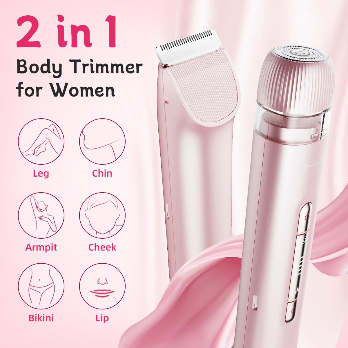 Bikini Trimmer for Women - Painless 2-in-1 Electric Shaver for Sensitive Areas & Bikini Line, Cordless Dual Head Razor, IPX7 Waterproof Wet/Dry, USB-C Fast Charge, Travel-Friendly