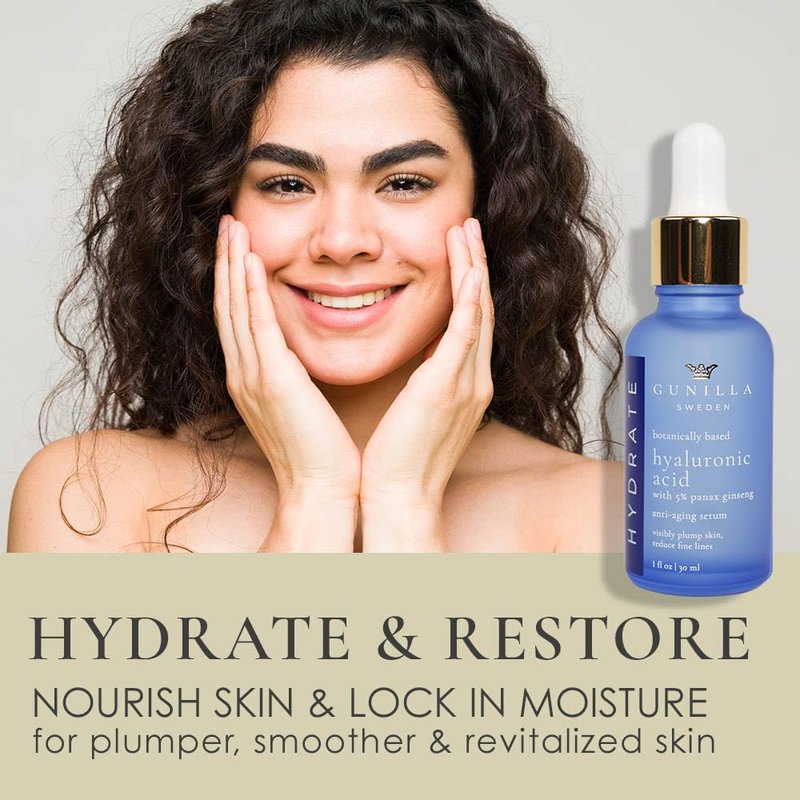 GUNILLA Hyaluronic Acid & Ginseng Serum: Vegan. Plant-Based Anti-Aging Serum, Plumping, Firming & Hydrating, Reduce the Appearance of Wrinkles. 14 Actives & Herbals. Natural. Oil-Free. 1 oz