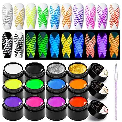 12 Colors Luminous Spider Gel, Glow In The Dark Spider Gel for Nail Art, Elastic Wire Drawing Gel for Line with Brush, Soak off UV LED Drawing Gel Nail Art Design Gel with Neon Fluorescent Effect