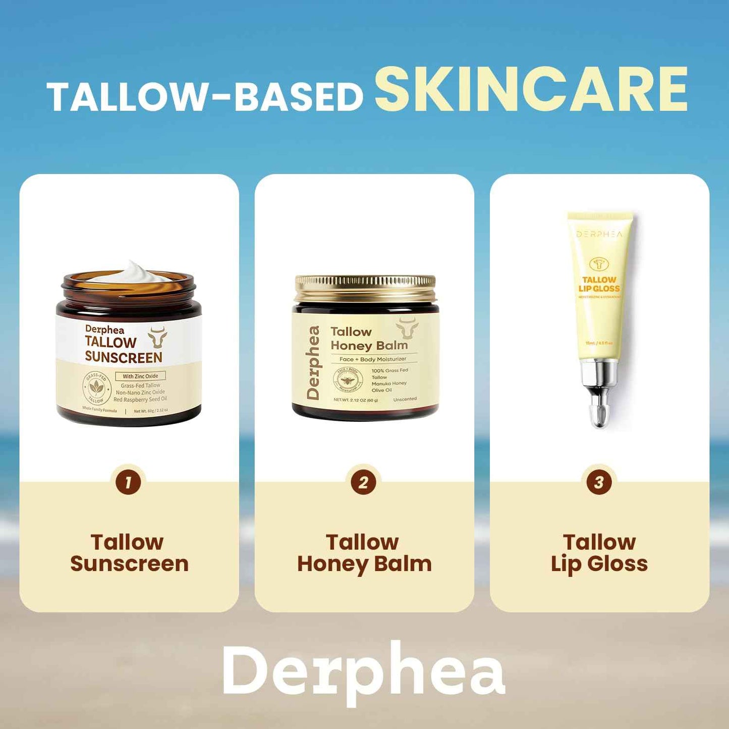 Derphea Natural Beef Tallow Sunscreen – SPF 50 Daily Sun Care for Extremely Sensitive, Acne-Prone & Kid-Safe Skin – Non-Toxic Sunblock with 22% Non-Nano Zinc Oxide, Clean Formula for Face & Body