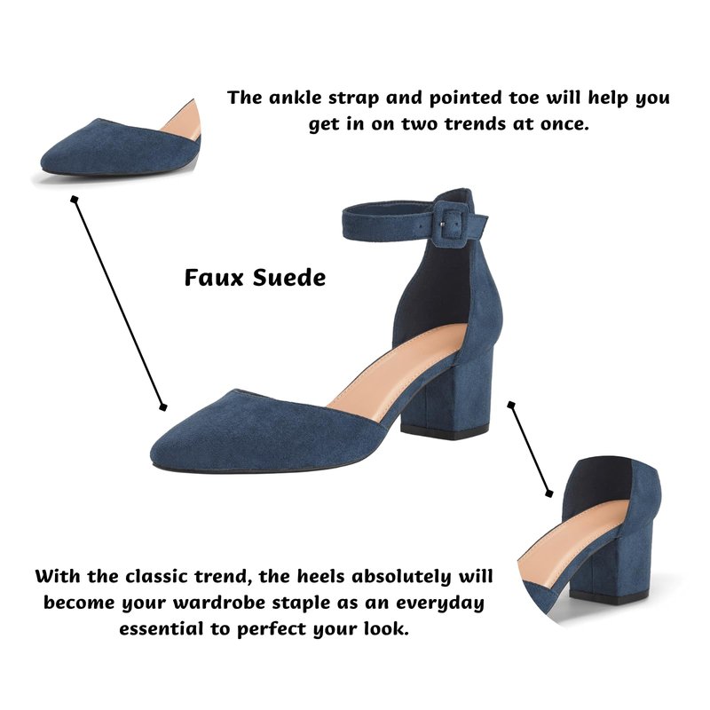 Women’s Closed Pointed Toe Pumps Block Low Heel Ankle Buckle Comfortable Party Office Shoes Navy Suede