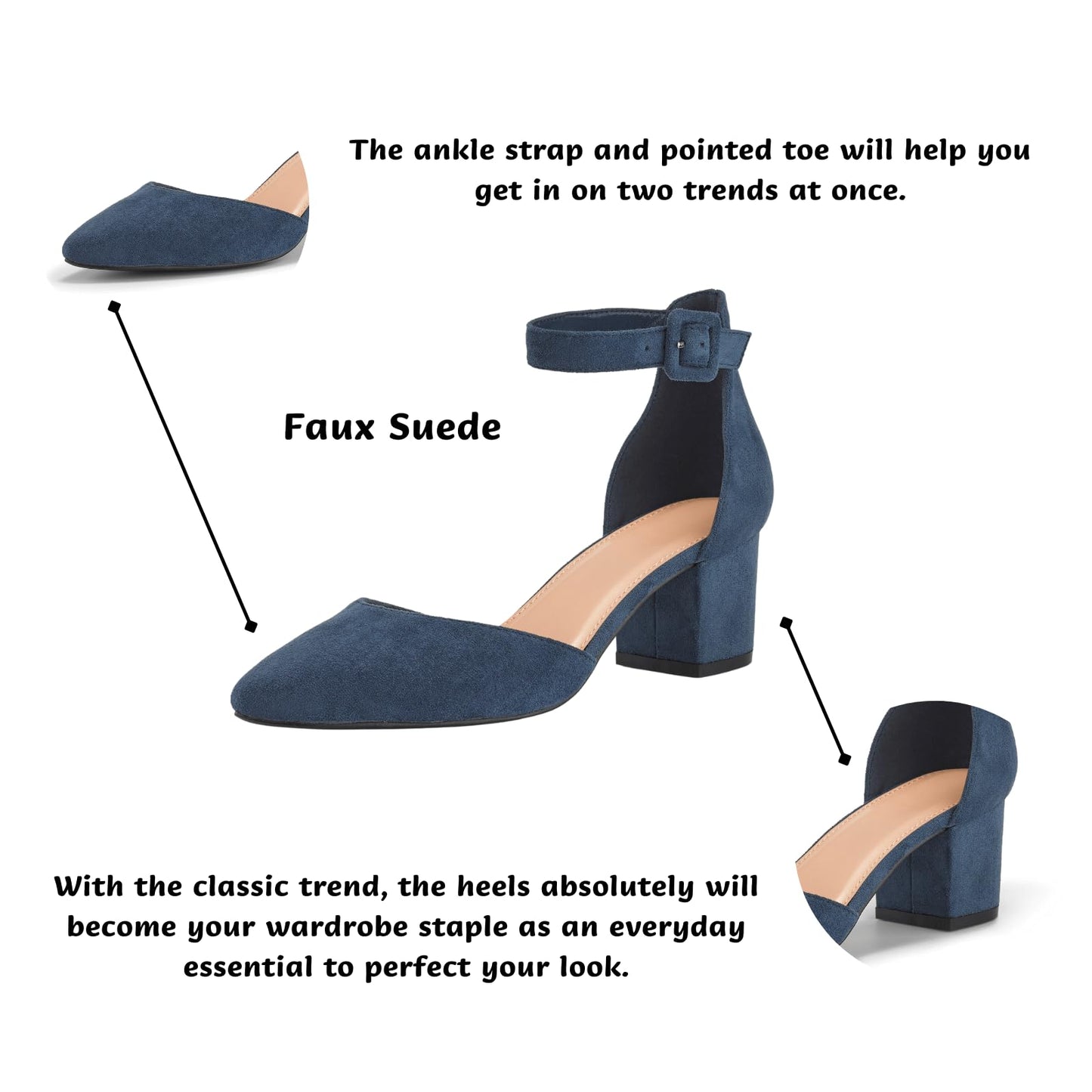 LAICIGO Women’s Chunky Heels Closed Pointed Toe Pumps Ankle Strap Comfortable Block Heels Dress Pump Shoes Navy Suede