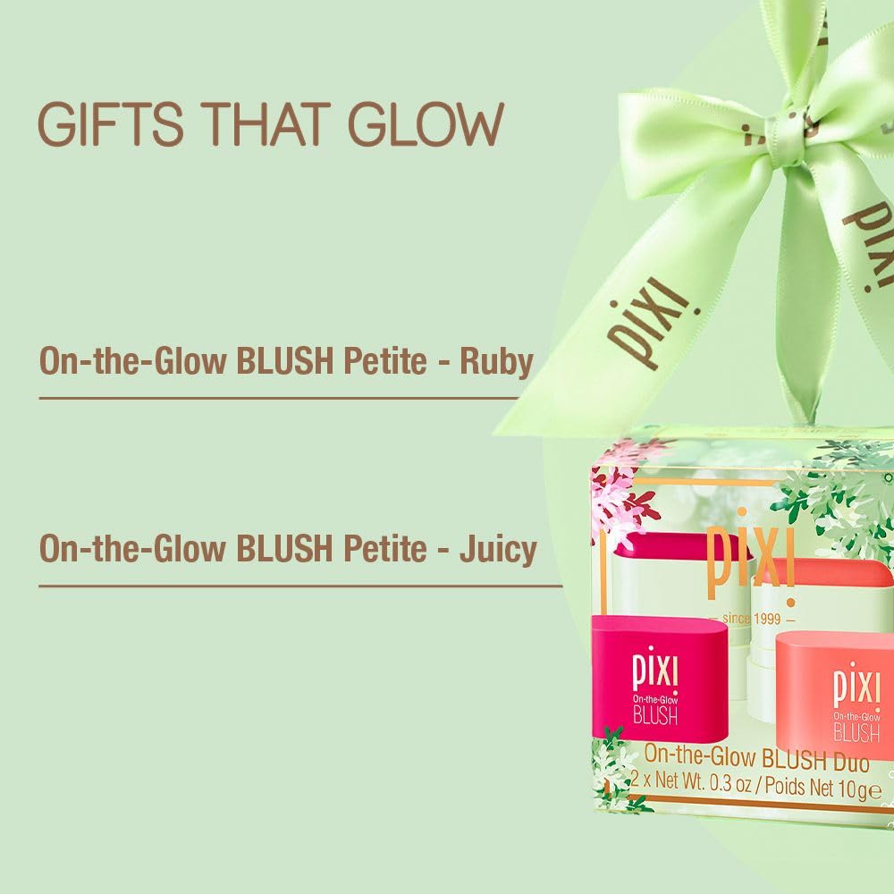 Pixi Beauty On-the-Glow Mini Blush Duo Holiday Ornament Gift Set | 2X Petite Size On-the-Glow Blush Sticks | Shades Ruby and Juicy