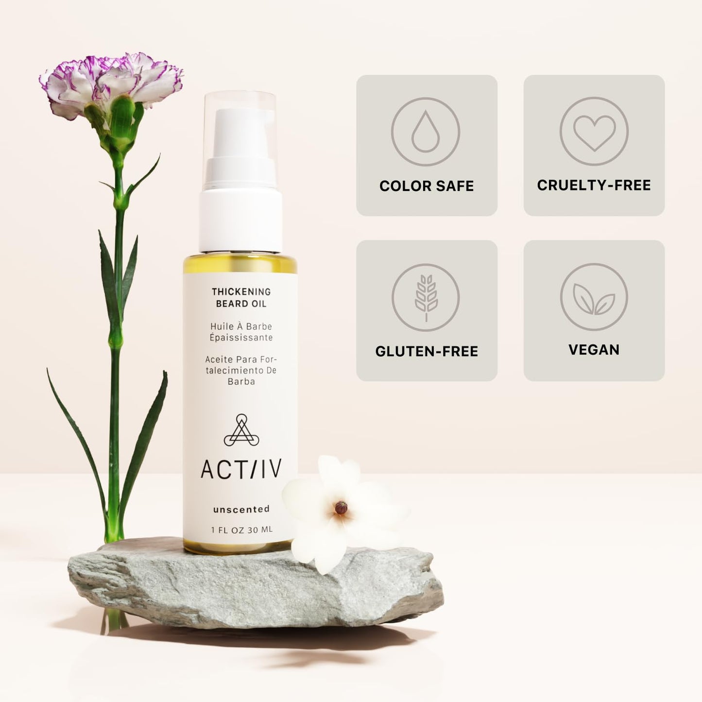ACTIIV Thickening Beard Oil (Unscented) | Promotes Thicker Fuller Beard Growth, Nourishes & Softens Facial Hair, Lightweight Non-Greasy Formula, Vegan, Plant-Based, All Beard Types, 30 mL / 1 oz