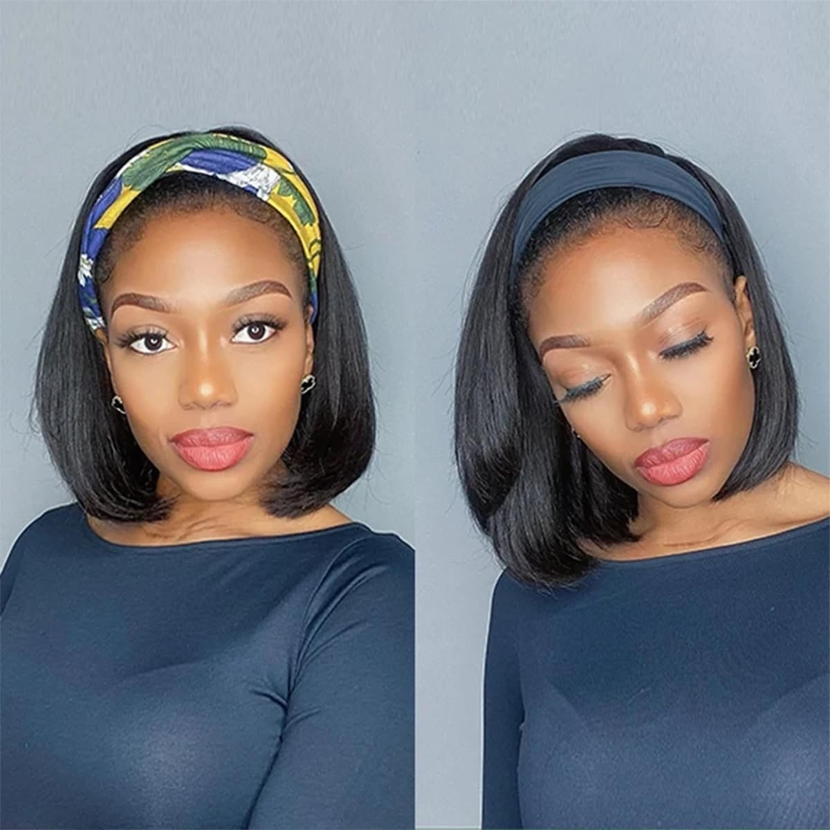 Kislemon Headband Bob Wig Human Hair Glueless Short Straight Bob Wigs Human Hair For Black Women 150% Density None Front Lace Brazilian Virgin Human Hair Wigs 8 Inch