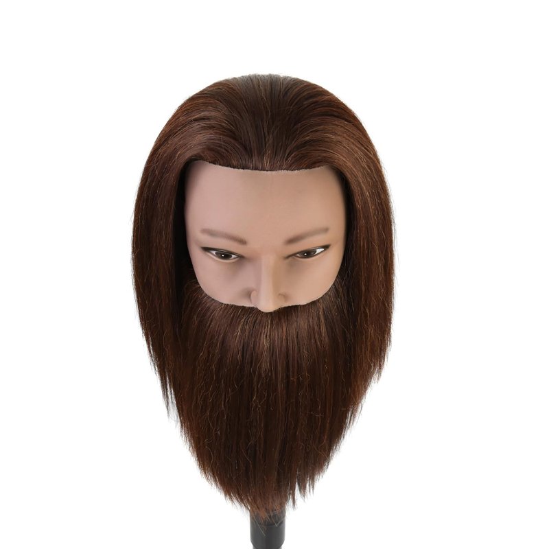 Male Mannequin Head 100% Human Hair Training Head 14 Inch Barber Manikin Cosmetology Doll Head for Hair Styling and Practice with Wig Clamp Stand (with Beard,Brown)