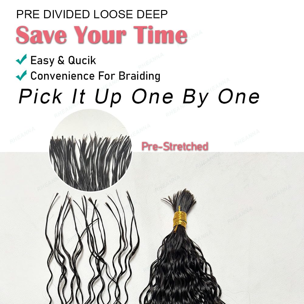 Curly Bulk Human Hair - Pre-Divided Loose Deep Wave Extensions for Boho Braids | 18 Inch, 50g (160 Roots)