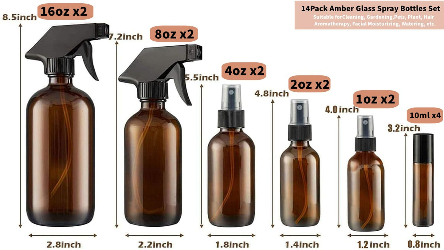 QINGYA 14 Pack amber glass bottle Set,Empty Boston Round Bottles with Adjustable Nozzle,Multi Size and Versatile(16oz,8oz,4oz,2oz,1oz) x 2, 10 ml Roller Bottle x 4 with Labels