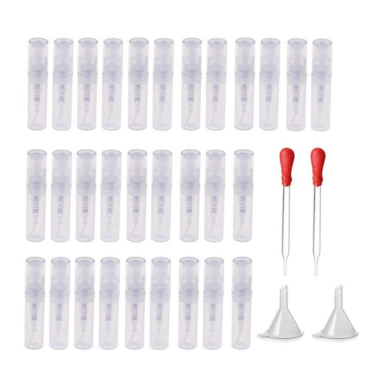 Haishell 150 Pcs Mini 2ML Atomizer Plastic Bottle Spray Refillable Perfume Empty Sample Bottle With 2 pcs Mini Plastic Funnels and 2 pcs Glass Droppers for Travel Party Portable Makeup Tool
