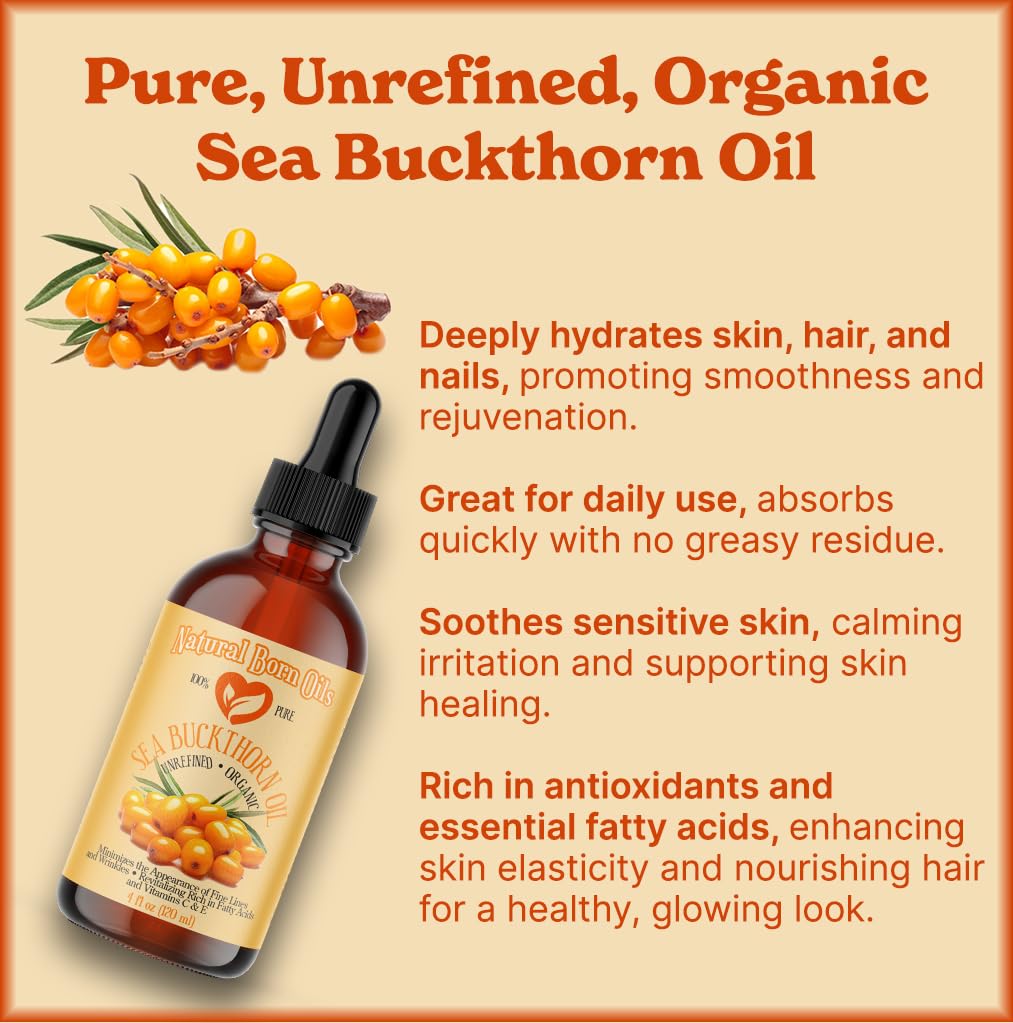 Sea Buckthorn Oil 16oz - 100% Pure Organic Cold-Pressed Oil | Revitalizing with Pump & Dropper