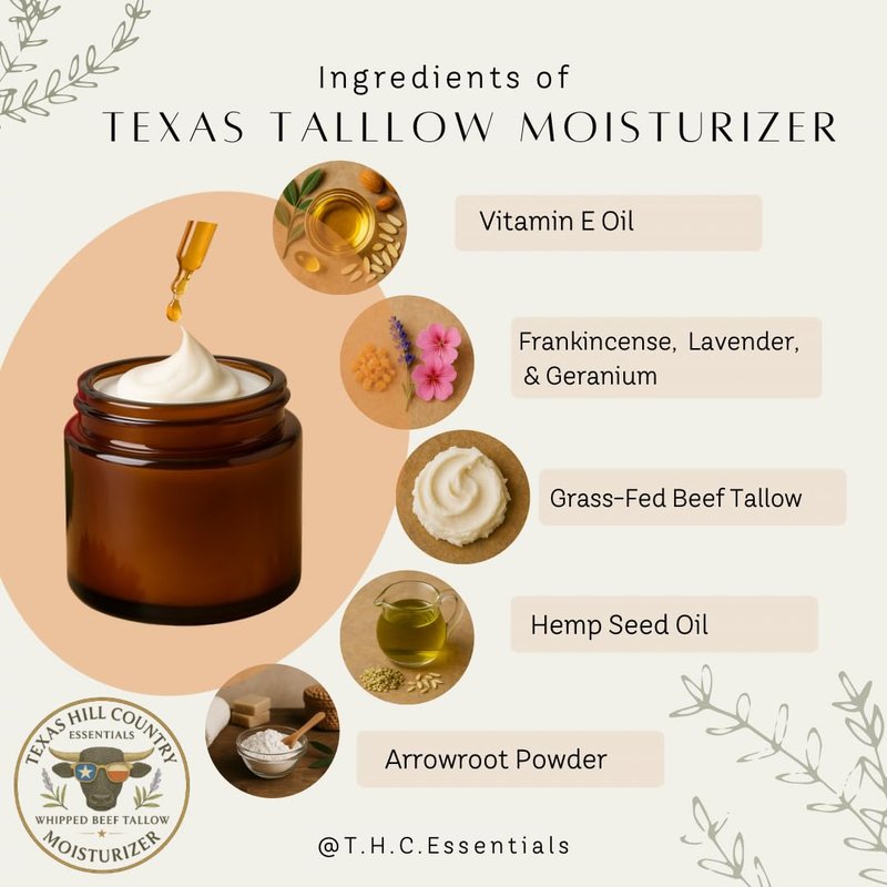 Texas Hill Country Essentials Beef Tallow Moisturizer- 100% Grass-Fed | Whipped Face & Body Balm | Nautral Skincare for Dry, Senstive Skin | Lightly Scented | 4oz