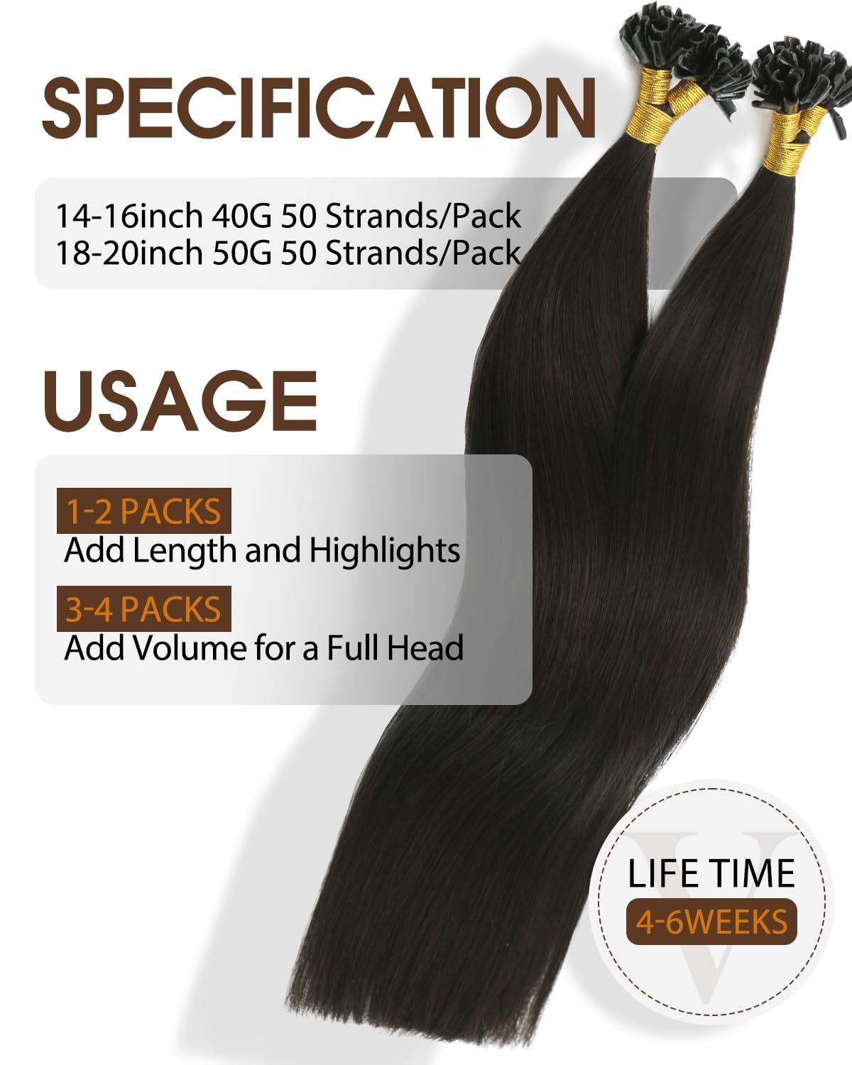 U Tip Hair Extensions - Real Human Hair, Darkest Brown, 14 Inch | Keratin Fusion, 40g, Natural Straight