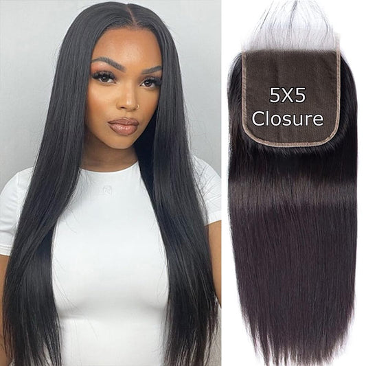 5x5 Transparent HD lace closure human hair Straight Invisible 150% Density 12A Real Transparent Lace Closure Virgin Human Hair Frontal Pre Plucked With Baby Hair Natural Black 20Inch