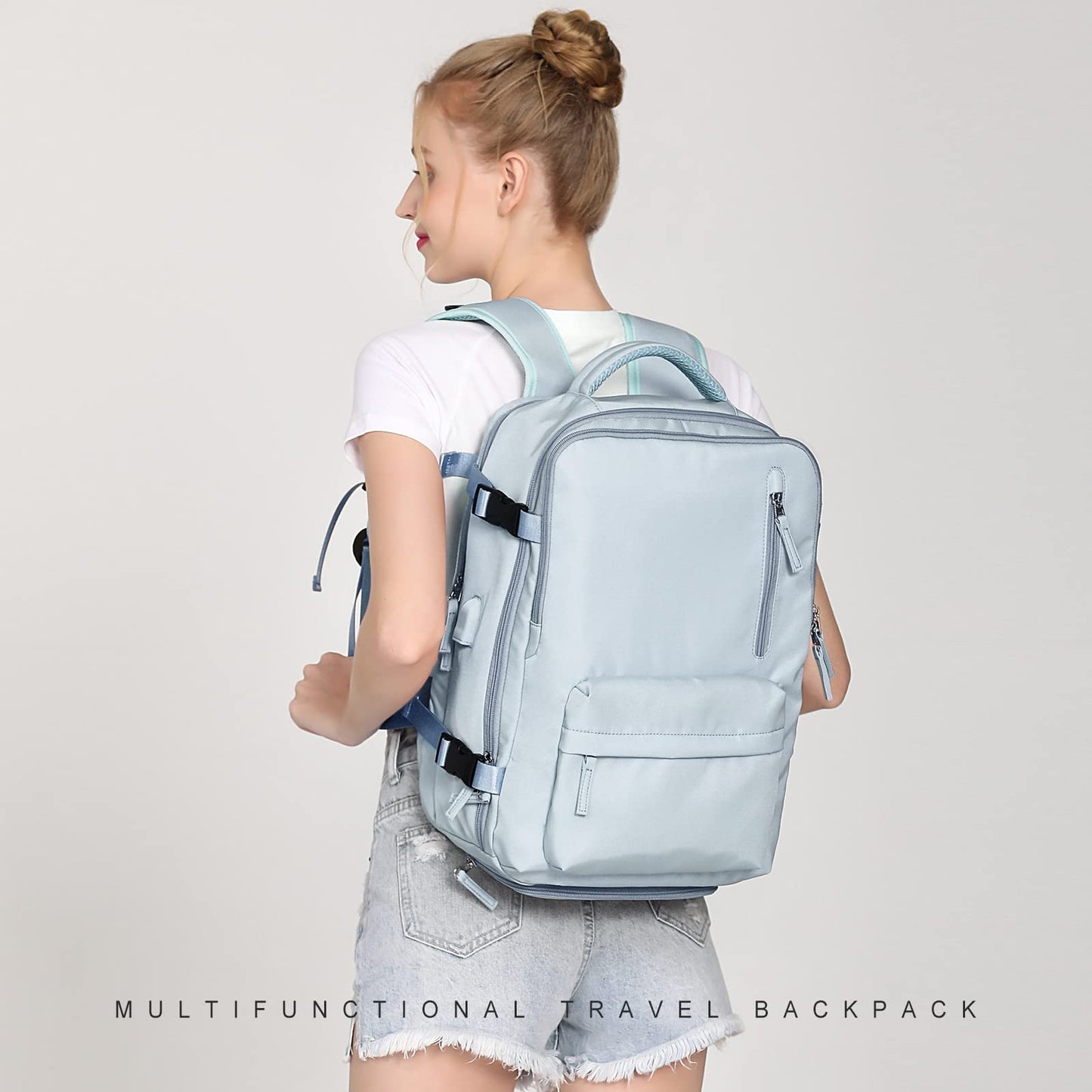 Large Travel Backpack Women, Carry On Backpack,Hiking Backpack Waterproof Outdoor Sports Rucksack Casual Daypack with USB Charging Port Shoes Compartment, Blue