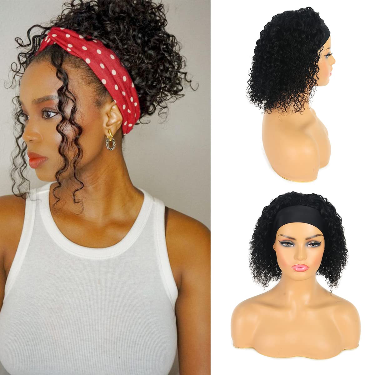 R RACILY HAIR Short Curly Headband Wigs Human Hair Wig for Black Women, Glueless Kinky Curly Weave Wigs 100% Unprocessed Hair None Lace Front Wigs Natural Color 150% Density (12", 1B, Curly)