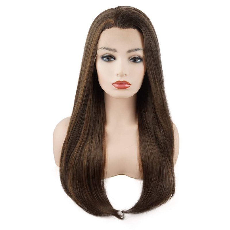 Meiyite Hair Straight Long 24inch Brown Blonde Mix Heavy Density Heat Resistant Realistic Synthetic Lace Front Wigs