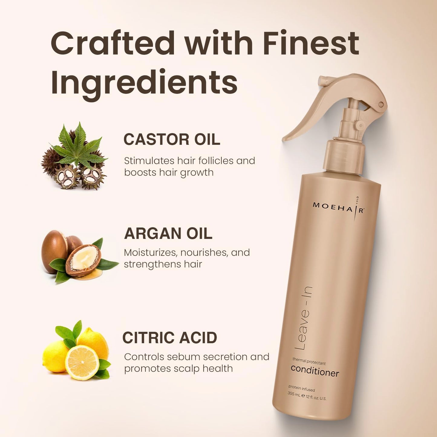 MOEHAIR Leave-in Conditioner (12 Fl. Oz.) | Infused with Proteins and Argan Oil | Curly Hair Detangler Spray For Women & Men | Hair Softener | Breakage and Split End Repair | Sulfate and Paraben Free
