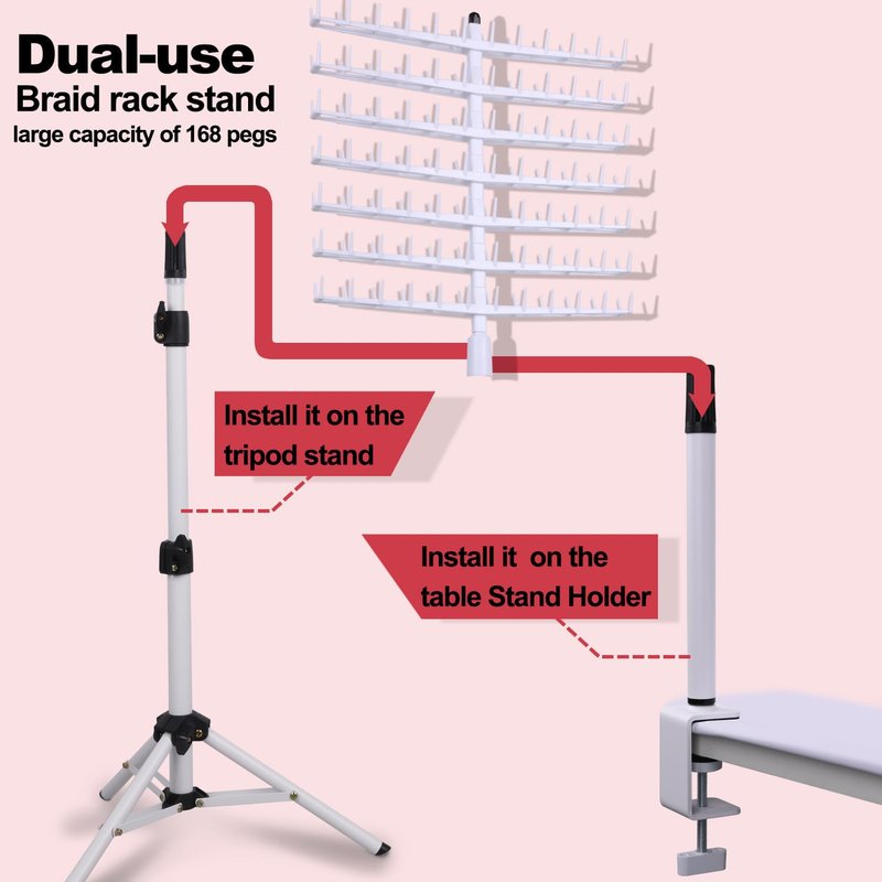 poipoilu Height Adjustable Braiding Hair Rack 168 pegs, Dual-use Braid rack with Clamp (White)