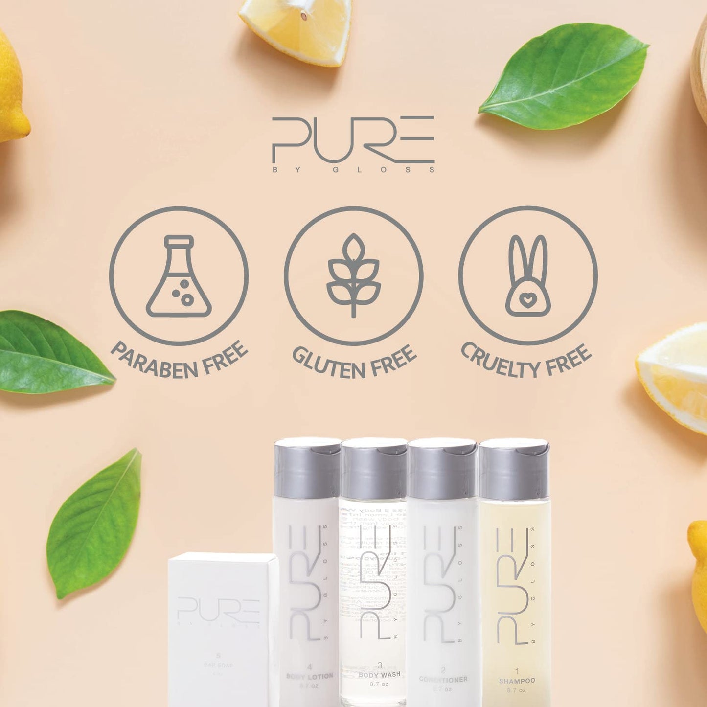 Pure by Gloss Gift Set – Fresh Lemon Scent – for All Hair and Skin Types – With Shampoo [8.5oz], Conditioner [8.5oz], Body Wash [8.5oz], Body Lotion [8.5oz], Body Bar [4oz], & Loofah – Cruelty Free