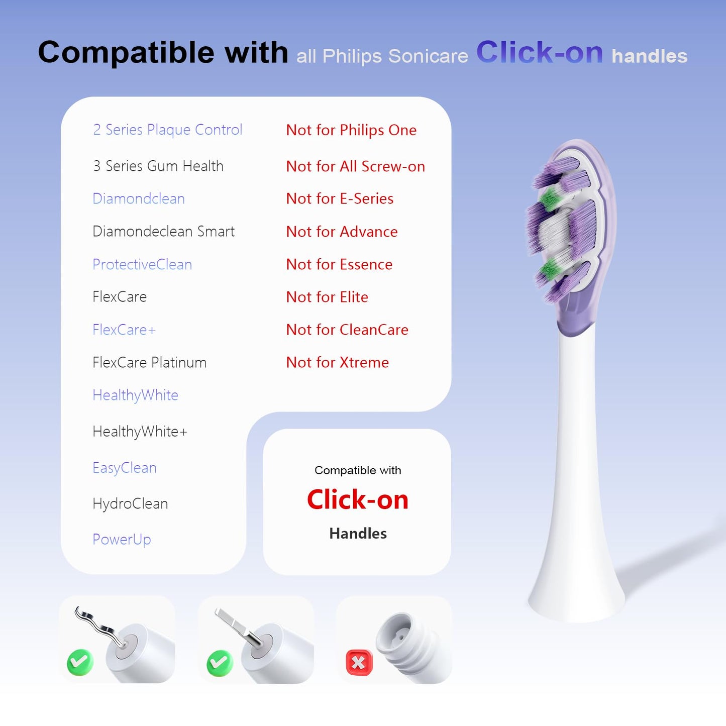 Replacement Toothbrush Heads Compatible with Philips Sonicare Click-on Handles Replacement Brush Head with Deep Reach Cleaning Electric Toothbrush Head, 8 Pack Replacement Heads