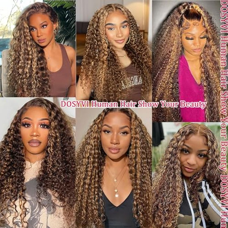Ombre Lace Front Wig Human Hair 180% Density 4/27 Honey Blonde 13x6 Deep Wave Lace Front Wigs Wet and Wavy Curly Glueless Wigs Human Hair Pre Plucked with Baby Hair(Highlight, 24 Inch)