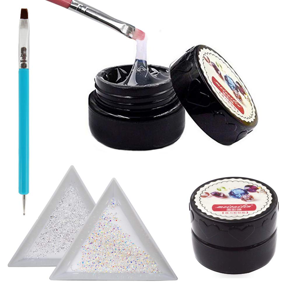 Nail Art Adhesive Rhinestones Builder Glue - Super Sticky UV Gel for Shiny Gems | Mini Diamond Decoration with Tray
