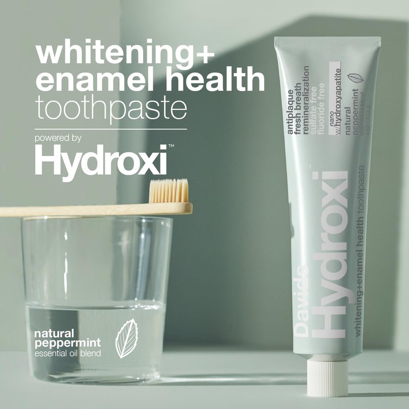 Davids Hydroxi Fluoride Free Nano Hydroxyapatite Whitening + Enamel Health Toothpaste, Antiplaque, Fresh Breath, Remineralizing, SLS Free, Natural Peppermint, 4 oz, Made in USA